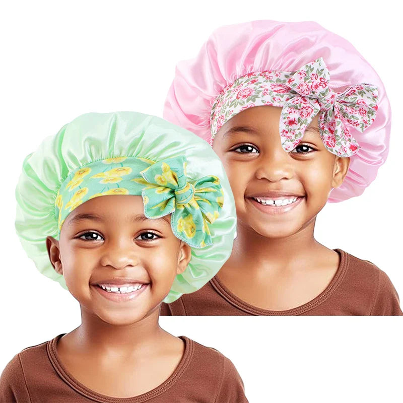 2PCS/LOT Baby Elastic Wide Edge Satin Nightcap Cute Printed Bandage Solid Color Hat Kids Bow Home Cap Multifunction Children Hat