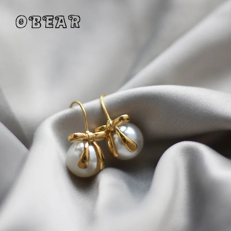 French Temperament Bow Ribbon Imitation Pearl Earrings  for Women Girl Stainless Steel Plated 18K Gold Jewelry Wholesale