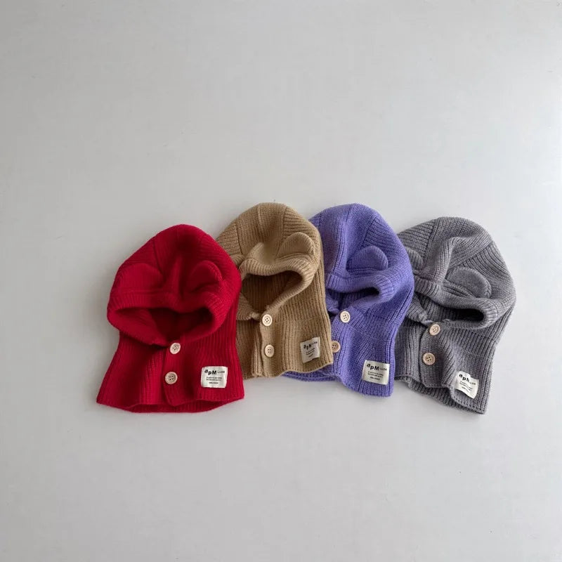 New Baby Knitted Hooded Scarf Warm Solid One Piece Scarf Hat Girls Thicken Ear Protection Balaclava Hat Headgear Bonnet for Boys