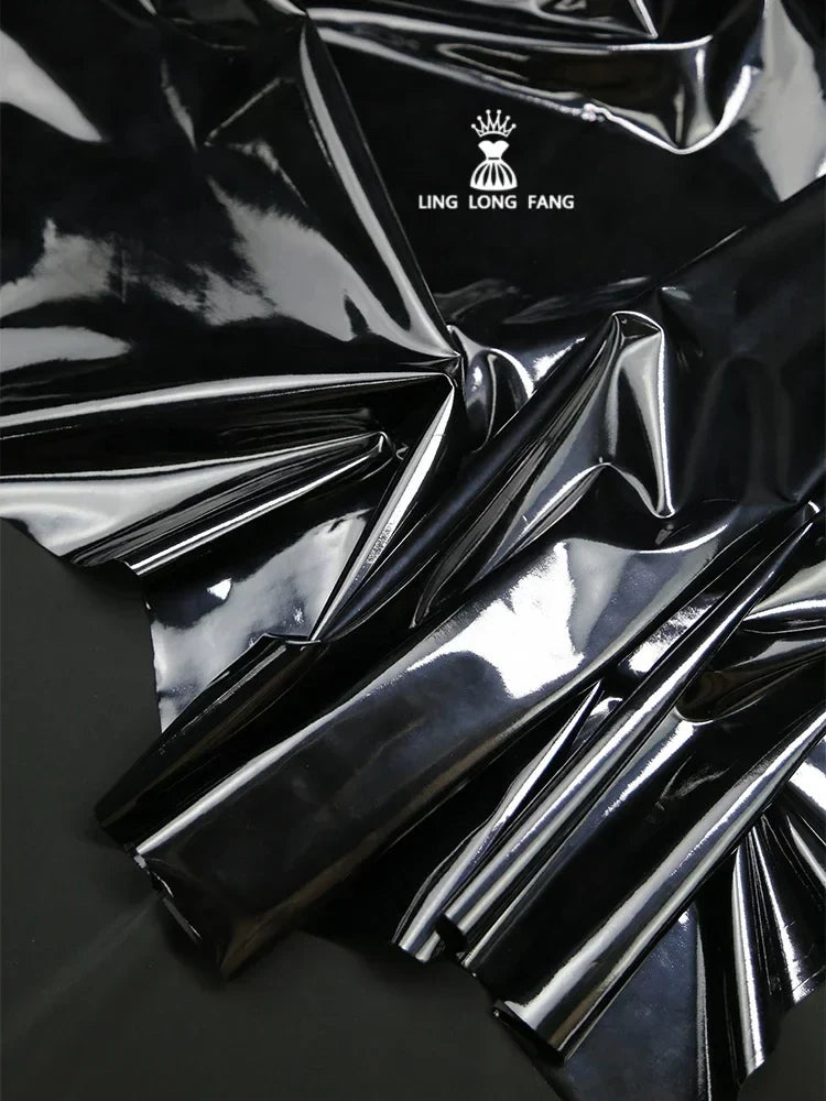 Imitation Leather Fabric Black Mirror Elastic PU Material Clothing Designer Apparel Sewing Fabric Cloth By Meters