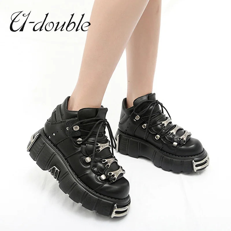 2023 NEW Punk Style Women Shoes Lace-up heel height 6CM Platform Shoes Woman Gothic Ankle Rock Boots Metal Decor Woman Sneakers