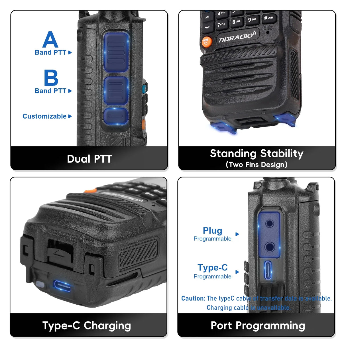 TIDRADIO H3 Walkie Talkie Phone APP Wireless Programming Dual PTT Air Band Long Range Radio USB Type-C Cable Programming &Charge