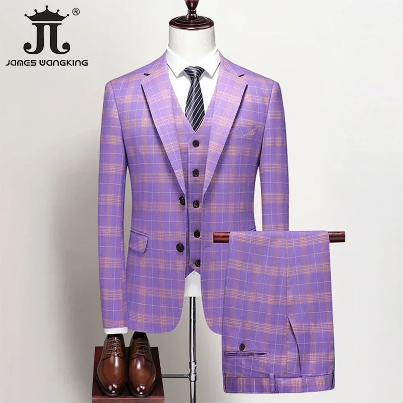 S-5XL ( Blazer + Vest + Pants ) Boutique British Style Mens Suit Plaid Groom Wedding Dress Business Casual Formal Suits 3Pcs Set