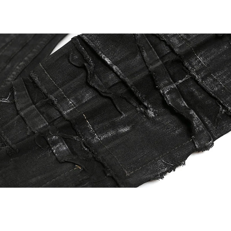 Dark Coating Wax Brushing Erosion Hole Jeans Men Ripped Casual Denim Pants Street Hip Hop Black Jeans Trousers Men