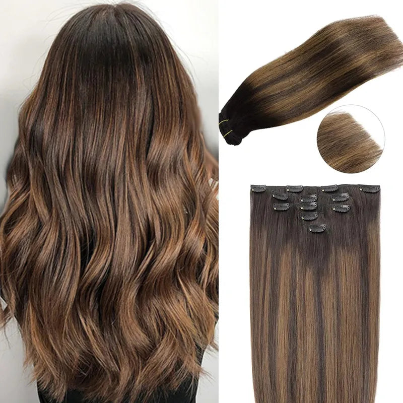 Clip In Human Hair Extensions Straight Natural Light Brown Honey Ombre Balayage Black Hair Pieces For Women Clip-in Full Head