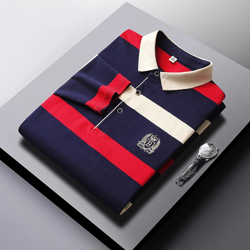 Brand Business Long Sleeve Polo Shirts Men Clothes 2023 Striped Tops Lapel Luxury Clothing Fashion Embroidered Men's Golf Wear