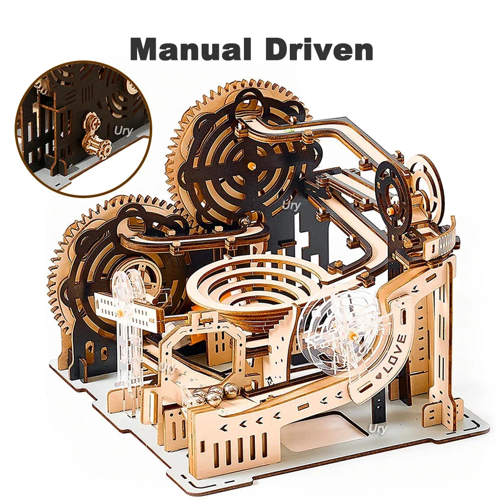 3D Wooden Puzzle Marble Run Set DIY Mechanical Track Electric Manual Model Building Block Kits Assembly Toy Gift for Teens Adult