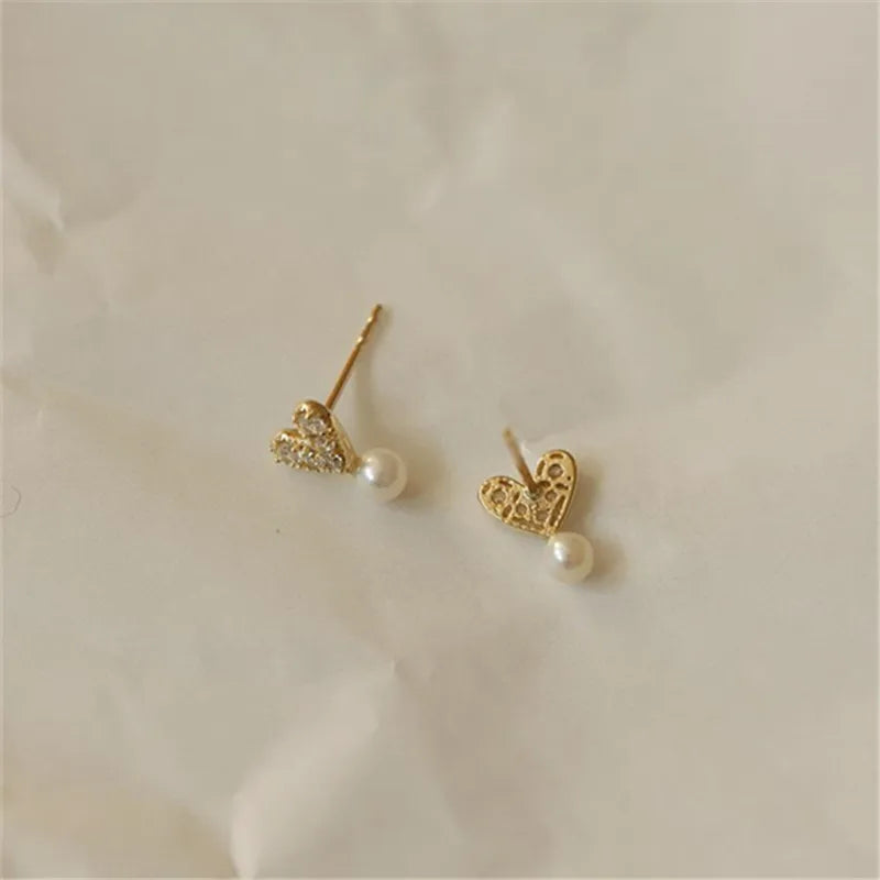 925 Sterling Silver 14k Gold Plated Stud Earrings Mock Pearl Zircon Heart Earrings for Women Elegant Temperament Jewelry