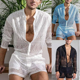 Hollow Out Sexy Lace Suit Fashion Long Sleeve Shirt Casual Shorts Men'S Clothing Suit Solid Color Matching Summer Suit For Male