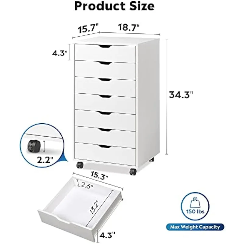 DEVAISE 7-Drawer Chest, Wood Storage Dresser Cabinet with Wheels, White