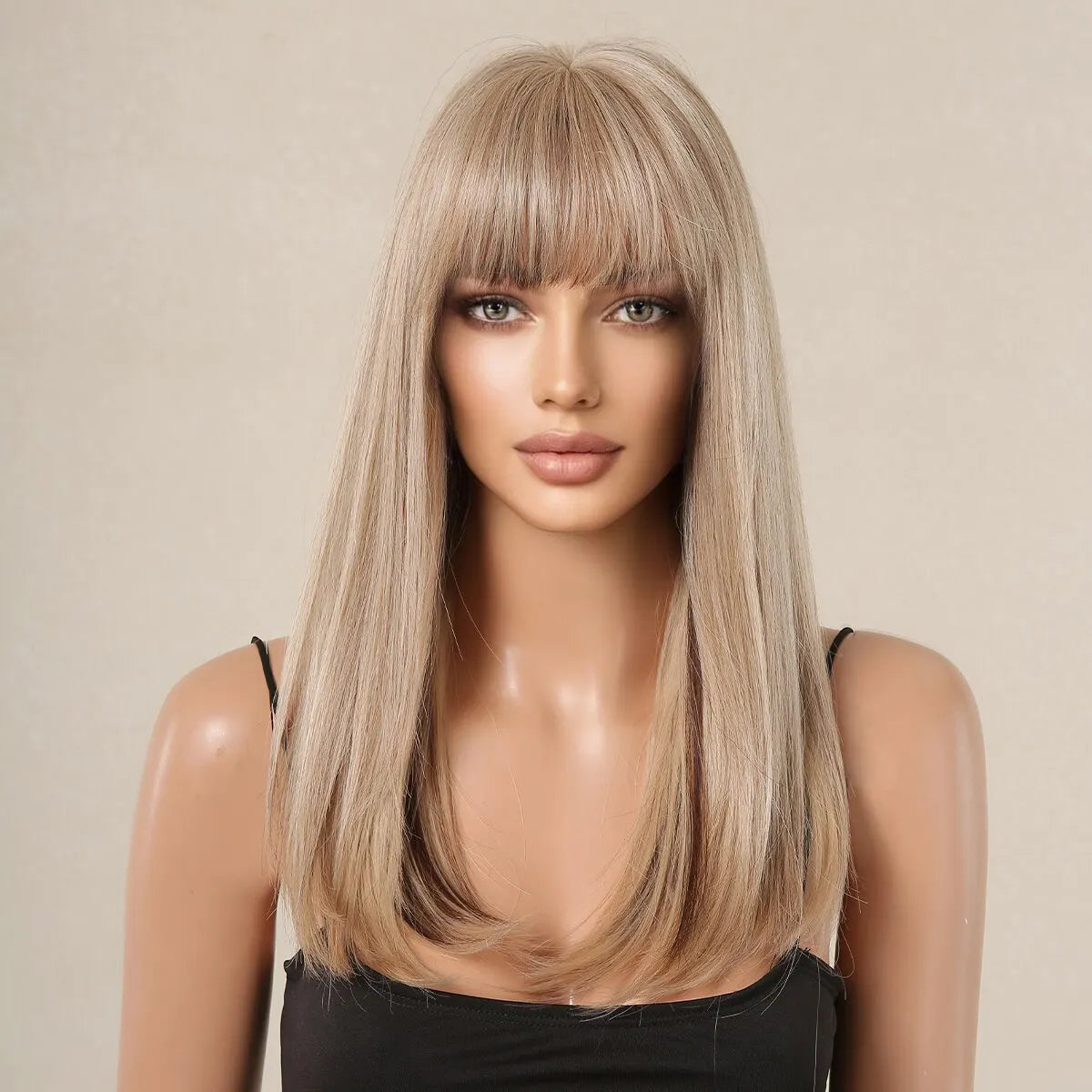 Blonde with Brown Highlight Long Straight Synthetic Wigs for Women Natural Hair Wigs with Bangs Heat Resistant Cosplay