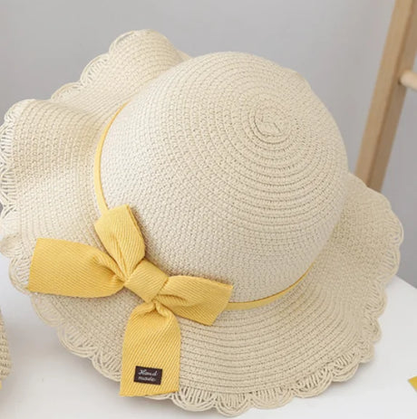 2pcs Set Summer Straw Hat With Bag For Girls Casual Bowknot Sunhat Children Protection Visor Caps Outdoor Beach Bucket Hat