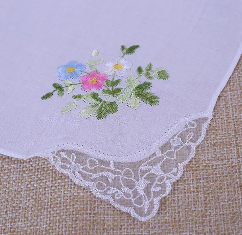 10pcs Handkerchief Cotton Floral Embroidery Lace Edge Square Towel