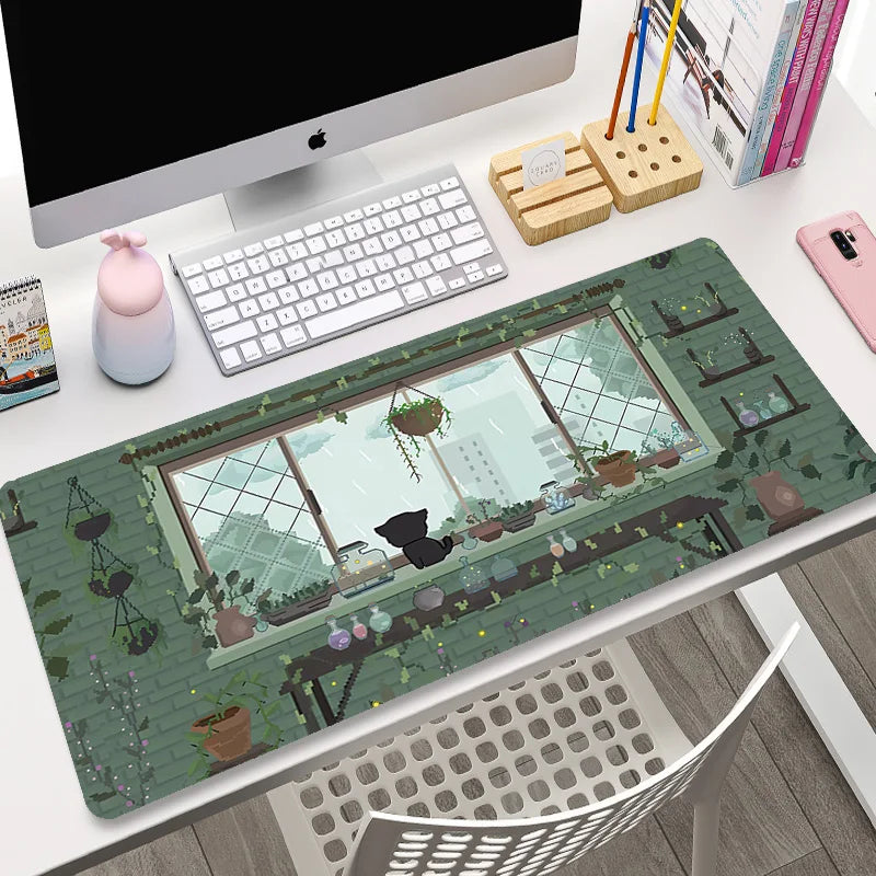 Cute Cat Large Gaming Keyboard Mouse Pad XL Green Plant Computer Gamer Tablet Mause pad Long Mousepad XXL 900x400 Play Mice Mats