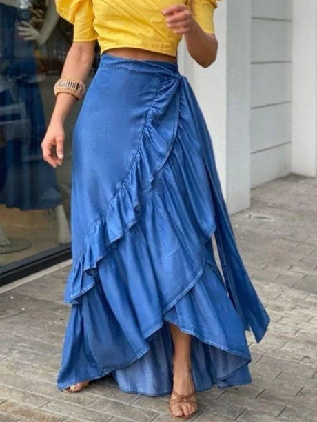 Women Plus Size Denim Skirt A-Line Casual Streetwear Party Club Y2K Vintage Elegant Plain Ruffle Hem Knot Waist Maxi Skirt