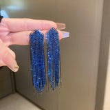 Exaggerated Blue Rhinestone Crystal Geometric Flower Long Tassel Earrings for Women Cool Drop Dangling Earring Party Jewelry