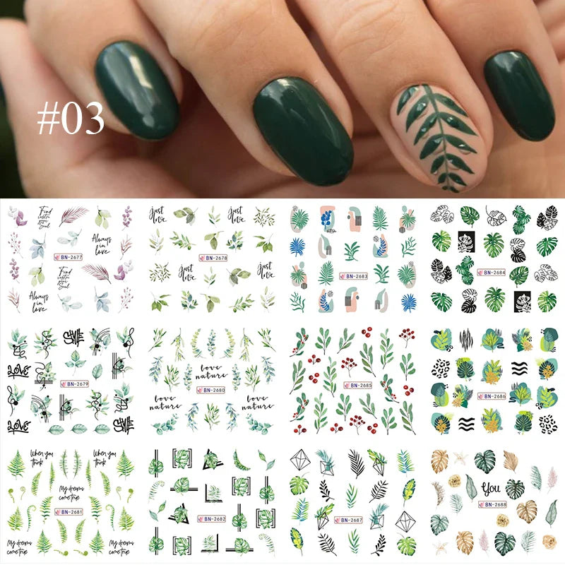 12 Designs Nail Stickers Set Mixed Floral Geometric Nail Art Water Transfer Decals Sliders Flower Leaves Manicures Decoration