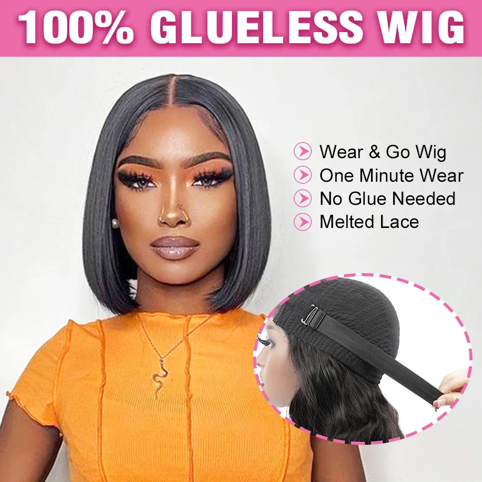 Wear Go Glueless Wig 180% Density Malaysian Straight Bob Wig  4x4 HD Lace Front Wig Glueless Pre Plucked Human Wigs Ready To Go