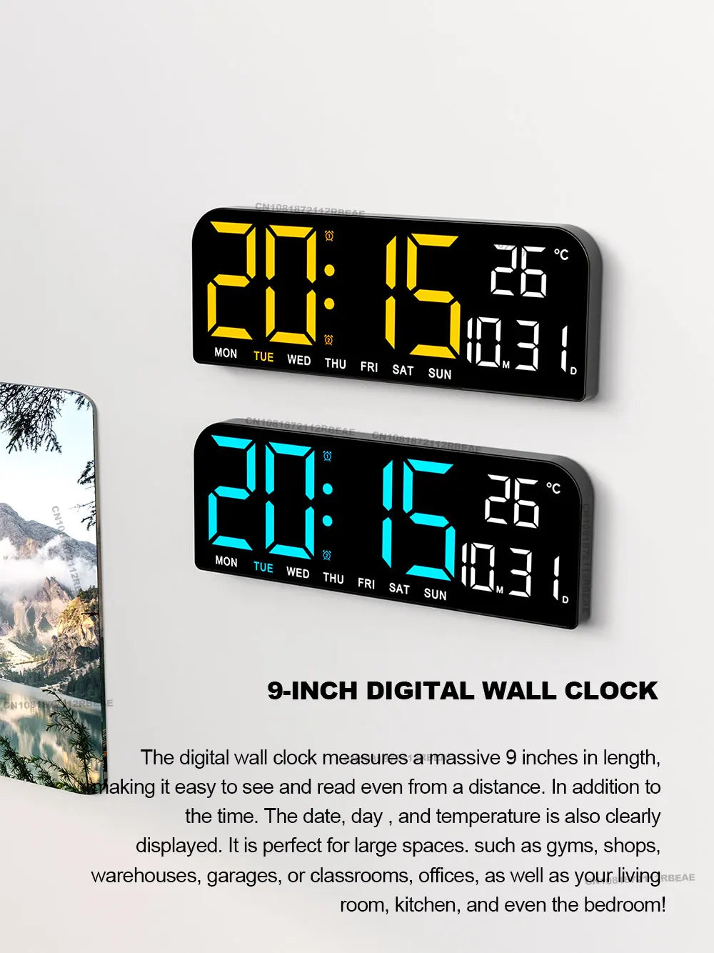 9.0inch Large Digital Wall Clock Temperature and Date Week Display Night Mode Table Alarm Clock 12/24H Electronic LED Clock