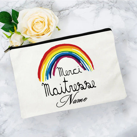 White Personalized Name Bag woman rainbow print Makeup Bag Storage Pouch Toiletries storage Cosmetic Pocket Gift for teachers