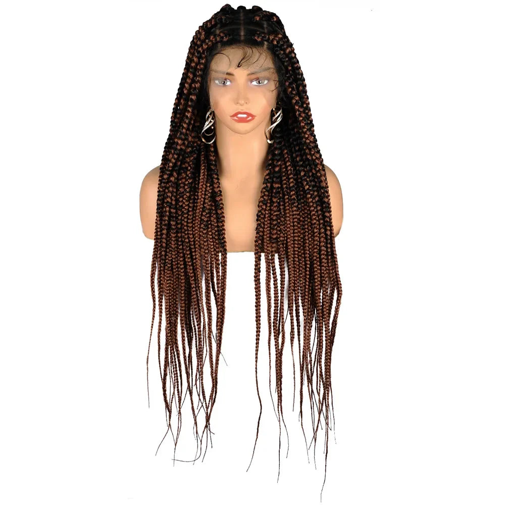 36" Full Lace Braided Wigs Synthetic Long Black Braided Wigs With Baby Hair 360 Lace Front Box Braids Wig Black Mix Burgundy Wig