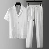 2023 Fashion Men's Two Piece Sets Spring Summer Casual Short Sleeve Shirts Pants Suit Solid Geometry Pattern Printed Outfit Men