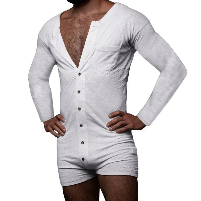 New 2024 Men's Sexy Pajamas Sets Casual One Piece Men Long Sleeve Solid Romper Single-breasted Jumpsuit Sleepwear Nightwear Male