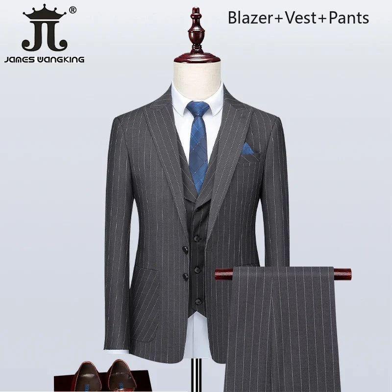 S-5XL ( Blazer + Vest + Pants ) Boutique British Style Mens Suit Plaid Groom Wedding Dress Business Casual Formal Suits 3Pcs Set