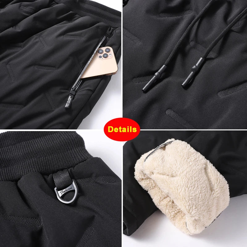 Winter Zip Pockets Thicken Fleece Sweatpants Men Jogger Black  Down Sport Warm Pants Male Water Proof Thermal Trousers