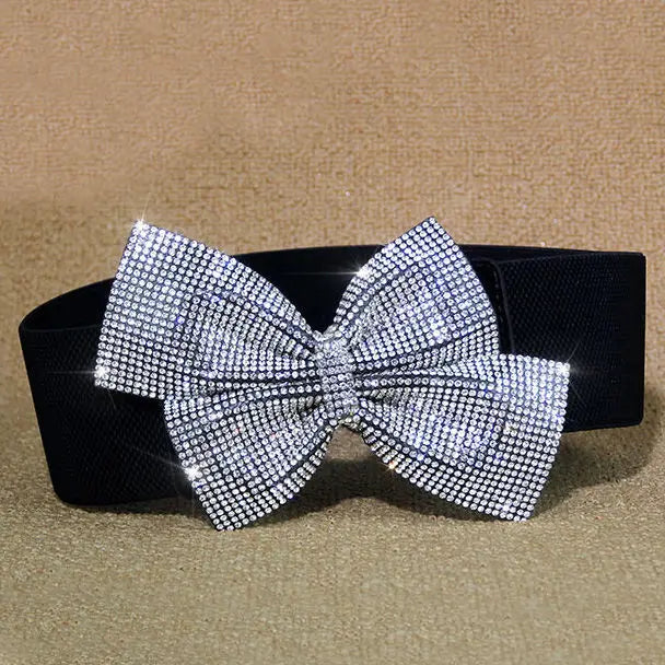 Diamond Glitter Bow Tie Waistbelt for Girls with Bowknot Rhinestone Wide Waist Belt for Dress Match Elastic Waist Seal