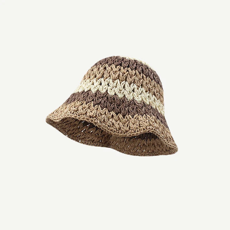 New Colorful Striped Knitted Hat for Women Spring Summer Sunscreen Bucket Hats Girls Sweet Casual Cap Beach Vacation Straw Hat