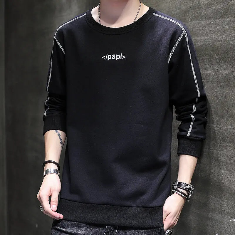 New Autumn Fashion Trend Solid Color Round Neck Letter Panel Long Sleeve Simple Casual Men's Loose and Comfortable Sweater