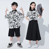 Hip Hop Boys Chinese Style Shirt Baggy Pants Girls Print Blouse Street Dance Skirt Children Streetwear Kids Jazz Clothes Sets