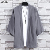 Men's Kimono Cardigan Japanese Jackets Casual Cotton 3/4 Sleeve Shirt Open Front Coat Lightweight Linen Yukata