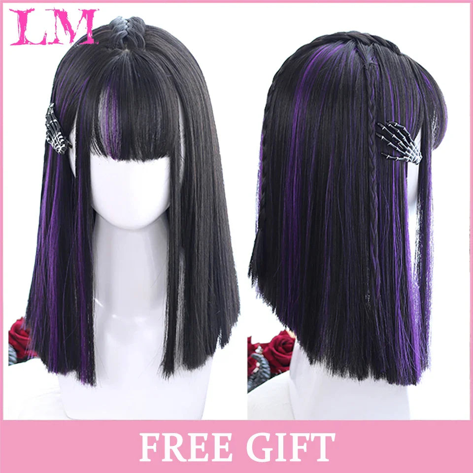 LM Cosplay Wig With Bangs Synthetic Straight Hair 24 Inch Long Heat-Resistant Pink Wig For Women