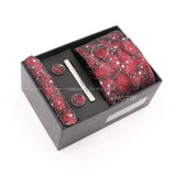 Gracefully Polyester Tie Set With Box Red Floral Pocket Square Handkerchief Cufflink Tie Clip For Wedding Party Accessories Gift