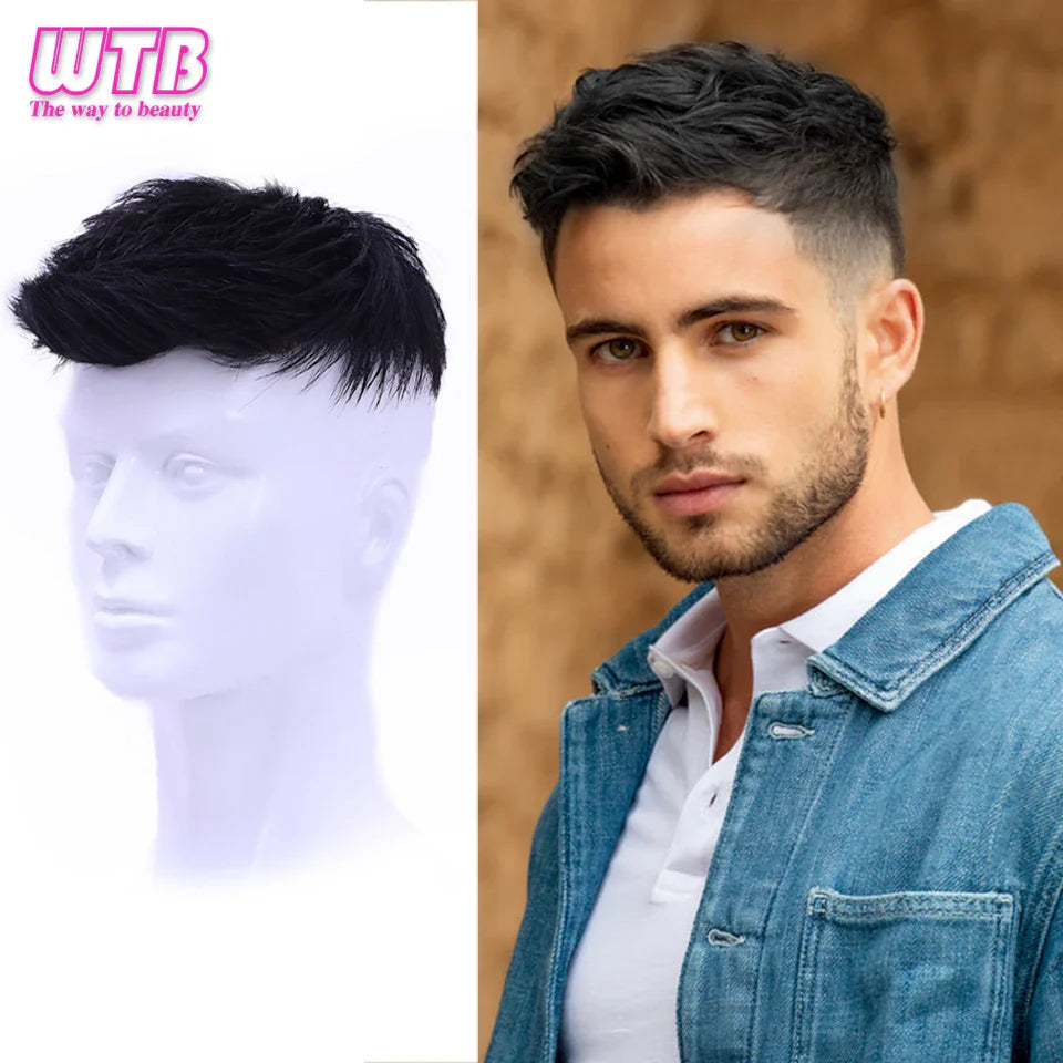 Synthetic Natural Male Toupee Short Wig Hair Style Topper for Young Men Balding Hair-loss High Hair line Clip-On Hair Extensions