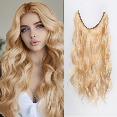 HAIRCUBE Synthetic No Clip Hair Extension Natural Hair Piece For Women Long Wavy Light Brown One Piece Fish Line False Hairpiece