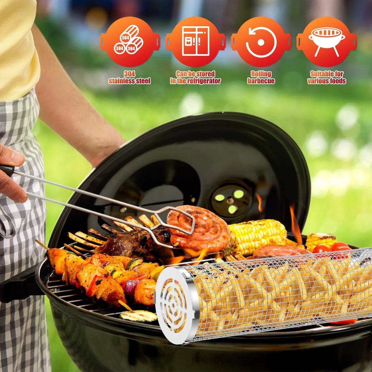 BBQ Grill Basket Barbecue Grill Grate Camping Cookware Stainless Steel Mesh Cylinder Washable for Grilling Vegetables Meat