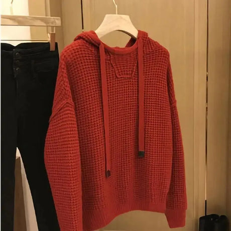 Men's Clothing Red Hoodies Solid Color Couple Outfit Knit Sweater Male Plain Pullovers Overfit Free Shipping Y2k Vintage Casual