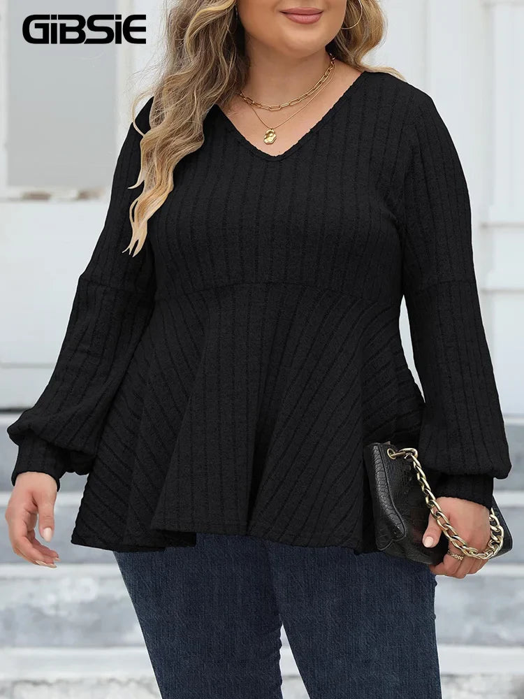 GIBSIE Plus Size Long Sleeve Tops for Women Spring Fall V Neck Peplum Tee Shirt Female Casual Ribbed Knit T-Shirts Clothes 2023