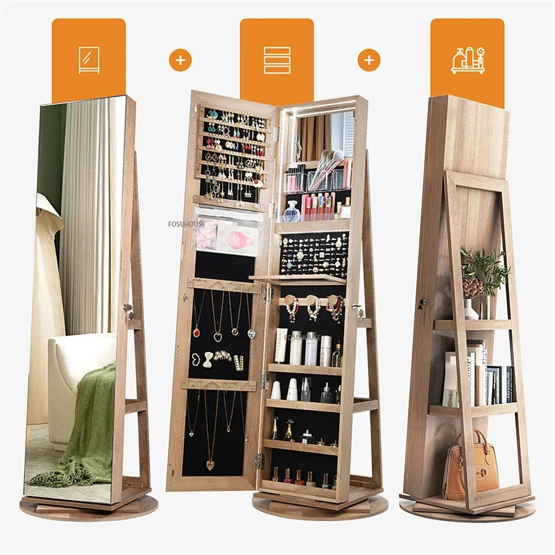 Full-length Mirror 360° Rotating Floor Makeup Mirror Cabinet Bedroom Jewelry Cabinet with Mirror Fitting Room Dressing Mirrors