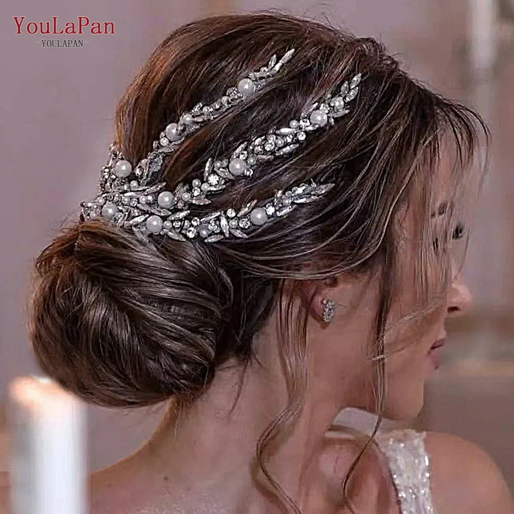 YouLaPan Rhinestone Pearl Headpiece with Comb Bridal Headwear Wedding Hair Accessories Jewelry Woman Headdress Bride Tiara HP530