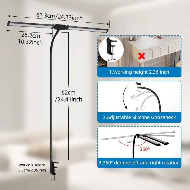 Double Head Desk Lamp Led Reading Light Stand Wide Screen Monitor Lights for Study Office USB Stepless Dimmable Table Lamp 24W