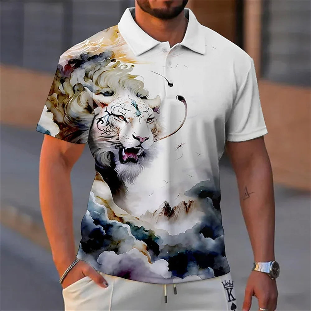 Animal Men Polo 3d Tiger&Lion Printed Ferocious Beast Men’S Clothing Summer Casual Short Sleeve Loose Oversize Shirts Senior Top