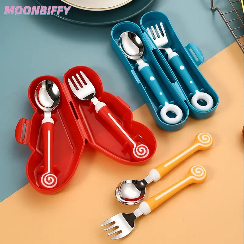 Children Utensil Cute Circle Cutlery Gadget Baby Tableware Set Food Feeding Spoon Fork Stainless Steel Infant Toddler Dinnerware