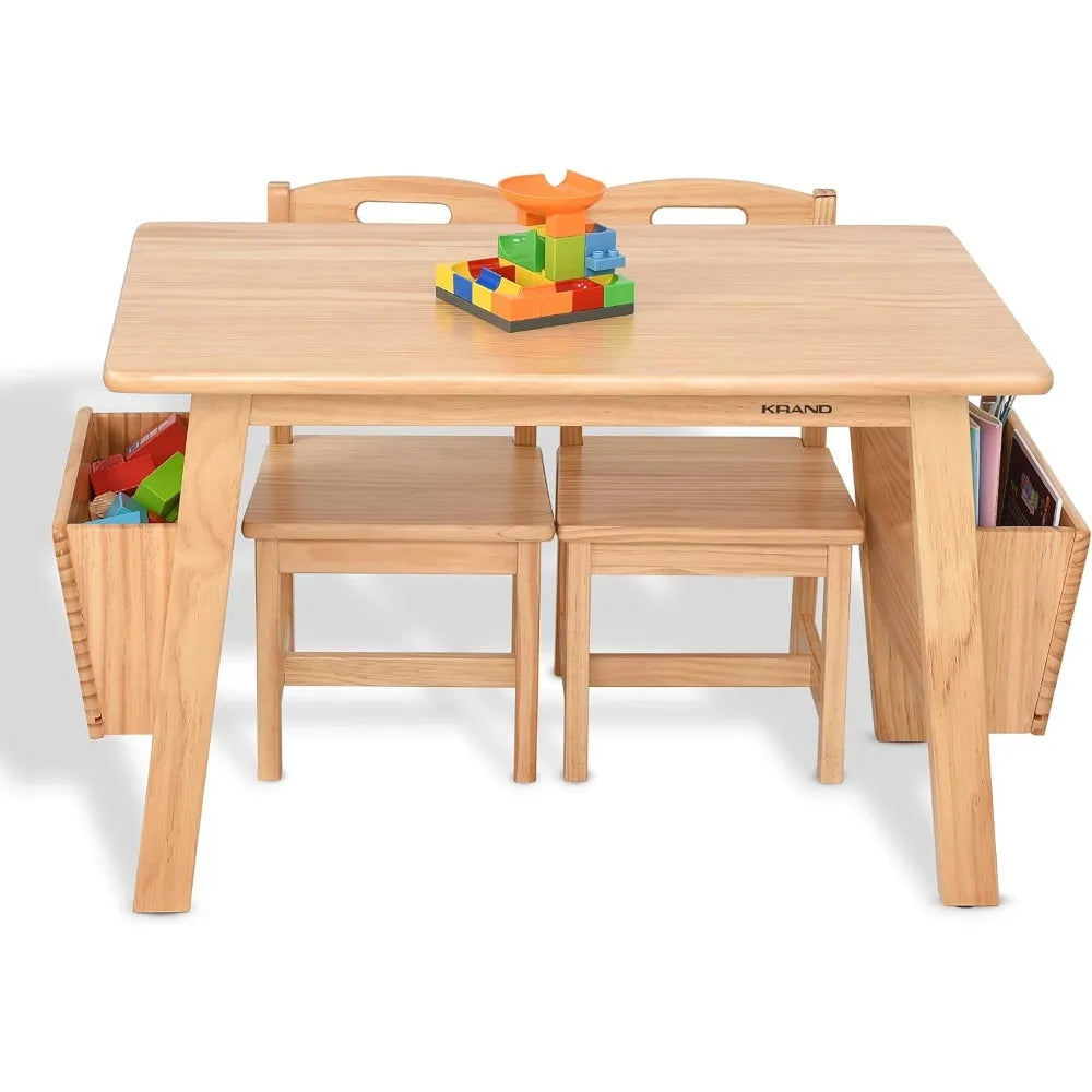 Kids Solid Wood Table and 2 Chair Set with Storage Desk and Chair Set for Children Toddler Activity Table