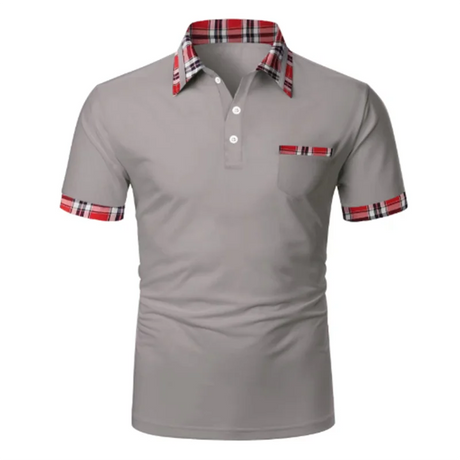 New men's short-sleeved plaid color matching button pocket T-shirt Polo shirt Fashion casual breathable color changing shirt