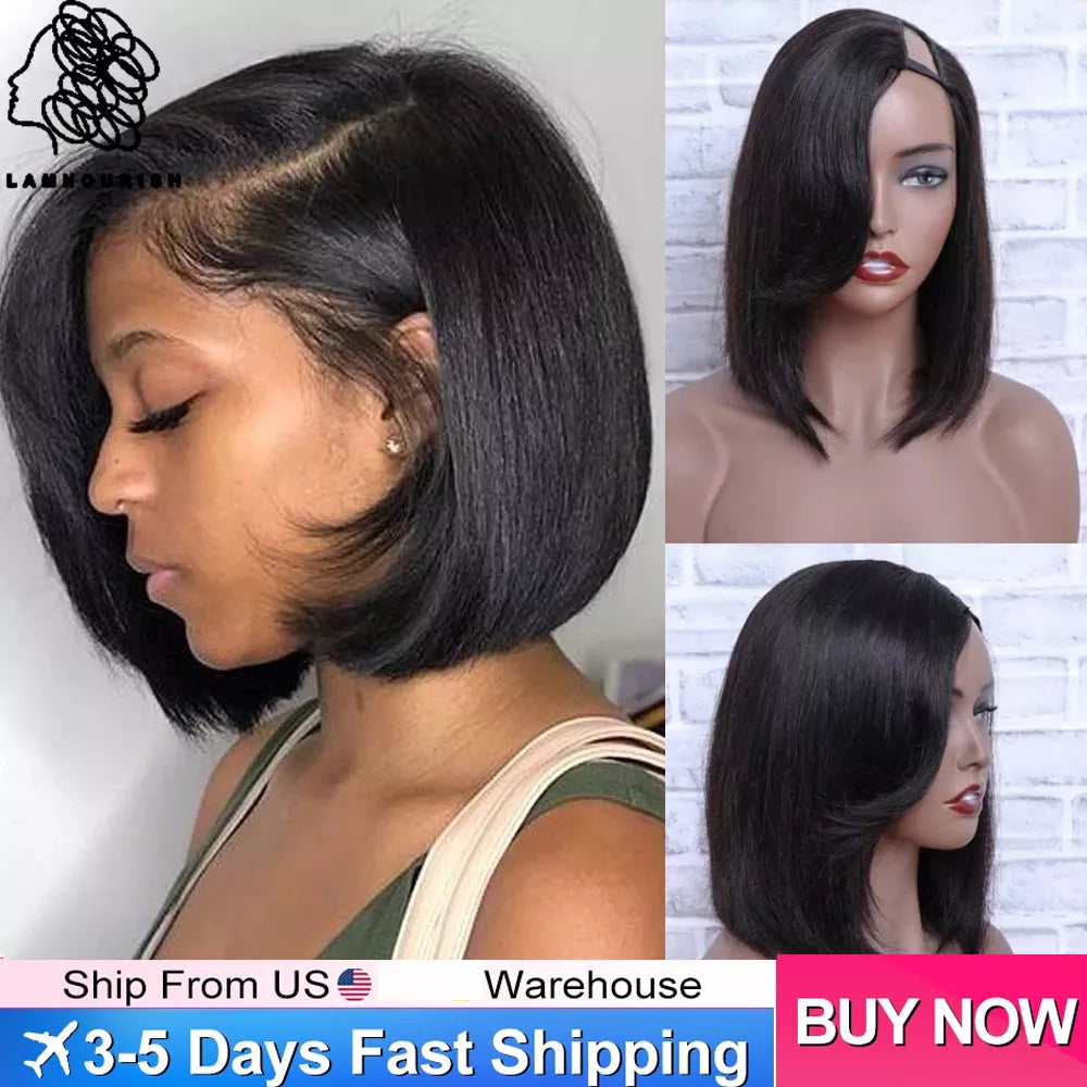 U Part Bob Wig Left Side U Part Wig Short Straight Human Hair Wigs for Black Women Brazilian Straight Bob Wigs with 180% Density