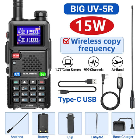 UV-5RH Pro Max 15W Air Band Walkie Talkie Wirless Copy Frequency Tri Power Type-C NOAA Long Range Baofeng 5RM Ham Two Way Radio